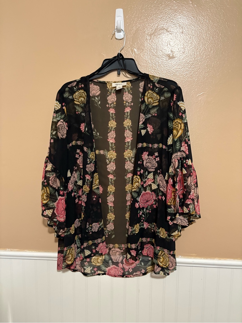 Style & Co Petite Small Black Print Open Front Sheer Kimono NEW WITH TAGS